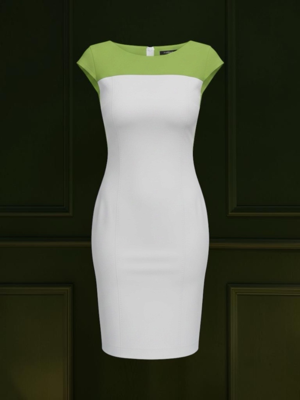 MaxMara White Midi Sheath Dress with Lime Yoke